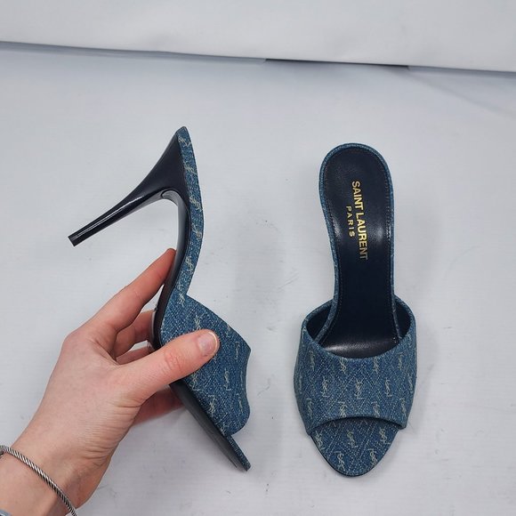 SAINT LAURENT Blue Denim Logo Print La 16 Open Toe Mule Sandal - Picture 8 of 10